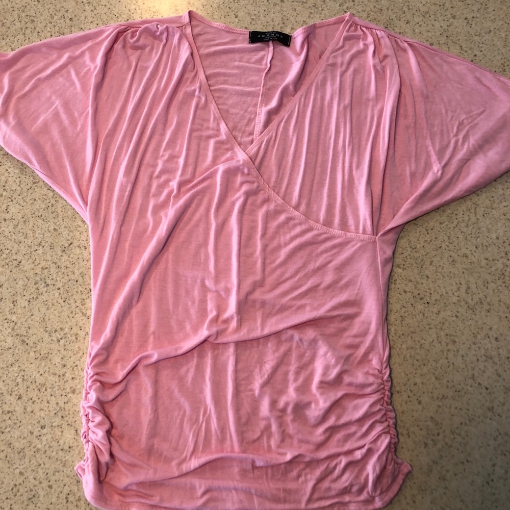 Pink wrap shirt, super flattering ruching.